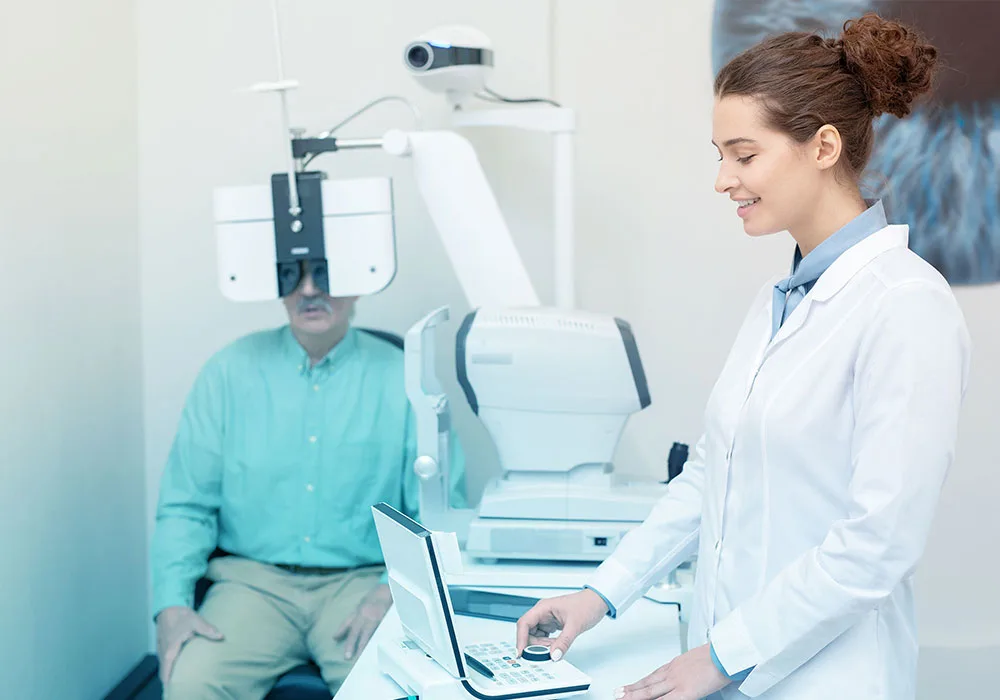 Eye specialist conducting a diagnostic test for cataract using modern eye examination technology.